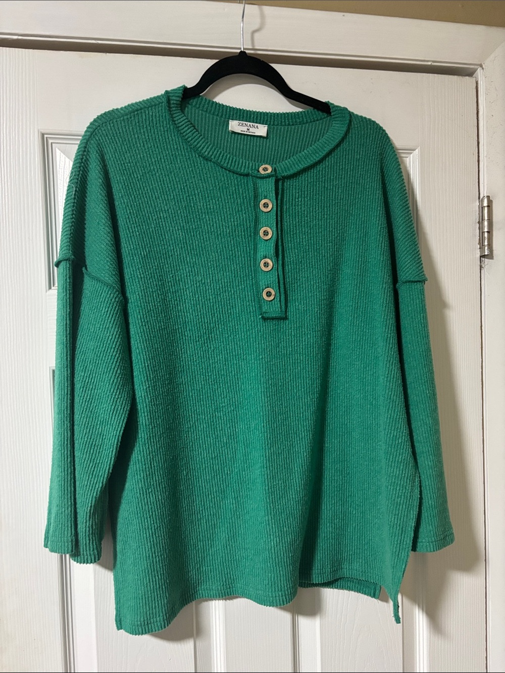 Zenana Outfitters Teal Ribbed Henley Sweater